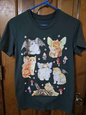 Pets Cat Dark Green T-Shirt with Fantasy Kitten Illustrations